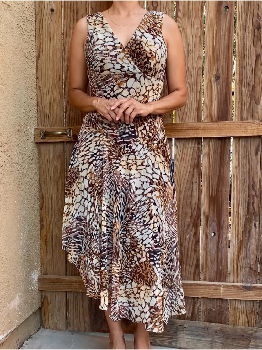 Dressbarn Brown and Cream Animal Print Asymmetrical Dress
